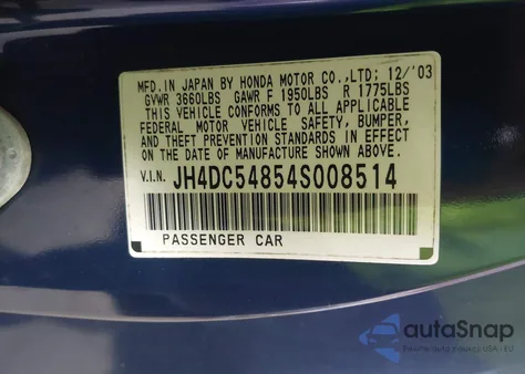 2004 Acura Rsx из США, поврежденный, VIN JH4DC54854S008514